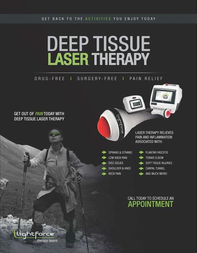 Advertisement for deep tissue laser therapy for pain relief without drugs or surgery.