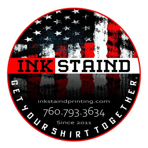 Ink Stain'd logo with distressed American flag and contact info.