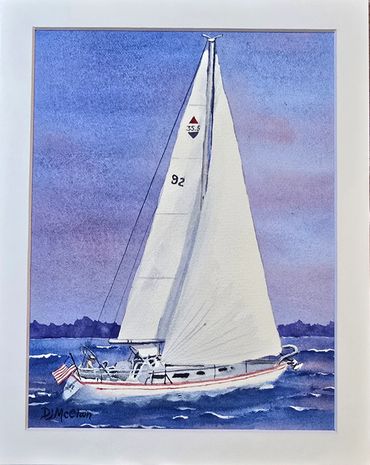A Yatch On An Ocean Watercolor Painting