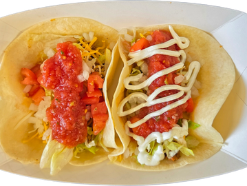 Two soft tacos with salsa, cheese, lettuce, and mayonnaise
