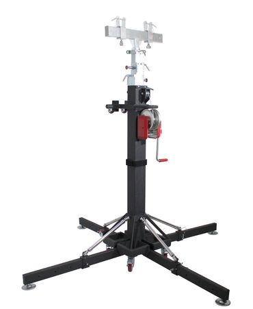 Adjustable metal tripod stand with a hand crank and stabilizing legs.
