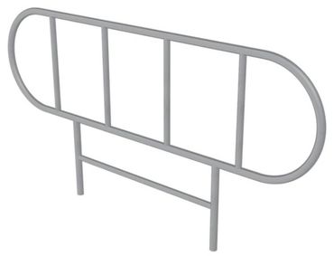 A simple metal bed rail with rounded ends and vertical bars.