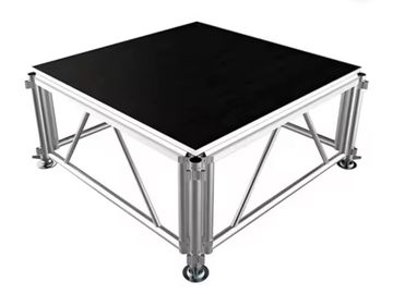 Square stage platform with black top and silver metal frame.