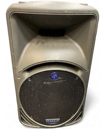 A black Mackie speaker with a mesh front and horn tweeter.