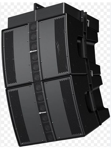 Large black professional audio speaker system with multiple drivers.