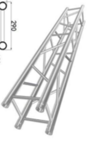 A metal truss structure with diagonal supports and circular dimensions.