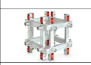 3D cube structure made of white rods with red connectors at joints.