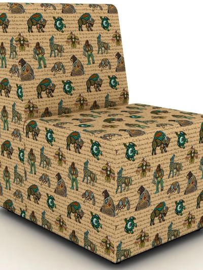 A chair with patterned fabric featuring whimsical animal and text designs.