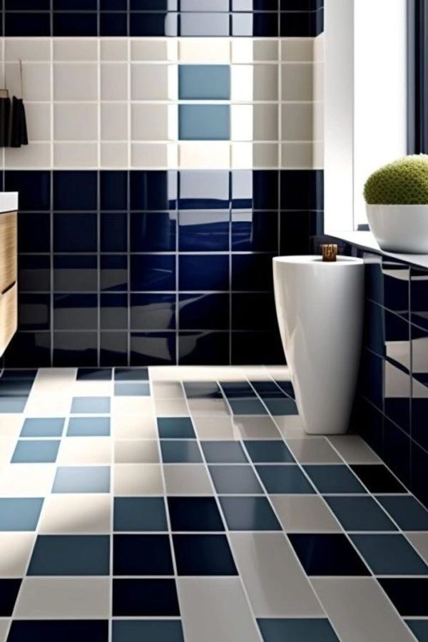 Blue and white patterned bathroom.