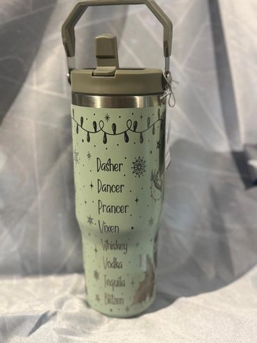 A festive tumbler listing reindeer names and alcoholic beverages.
