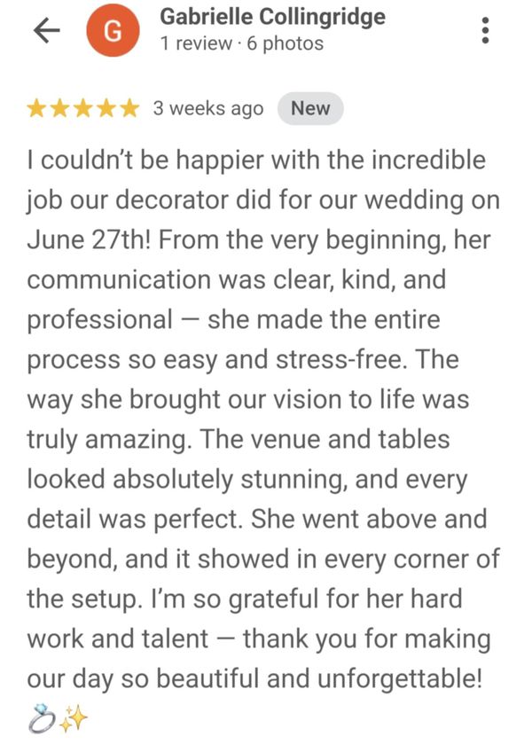 A glowing 5-star review praising a wedding decorator's exceptional work and professionalism.