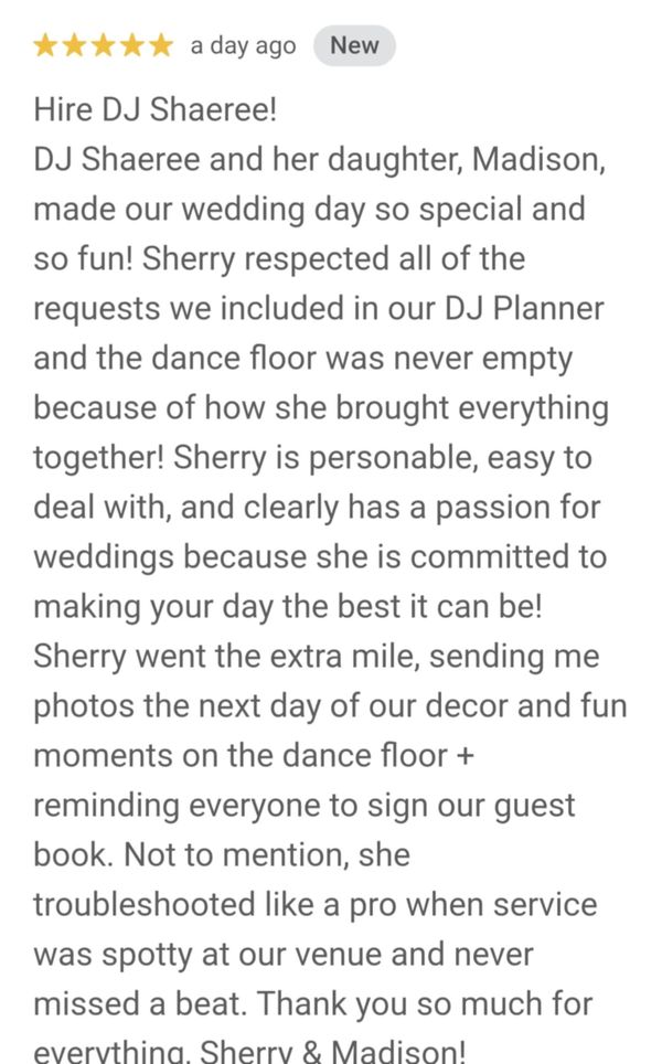 Positive 5-star review praising DJ Shaeree and her daughter for an unforgettable wedding experience.