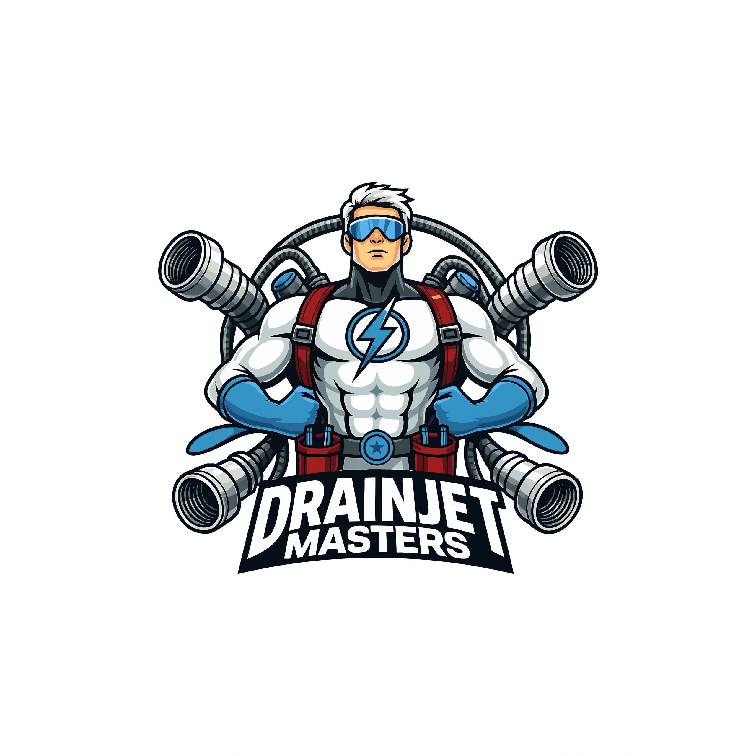 Logo for DrainJetMasters: Superhero with drainjet equipment and cool sunglasses and lightning bolt.