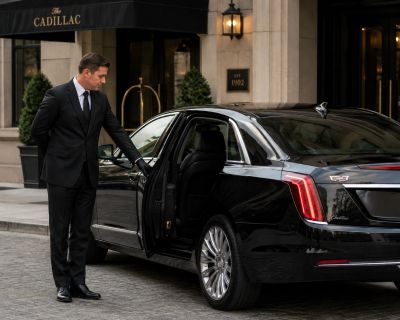 A chauffeur in a black suit opening a black Cadillac car door.