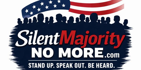Logo with silhouettes, American flag, and text urging silent majority to speak out.