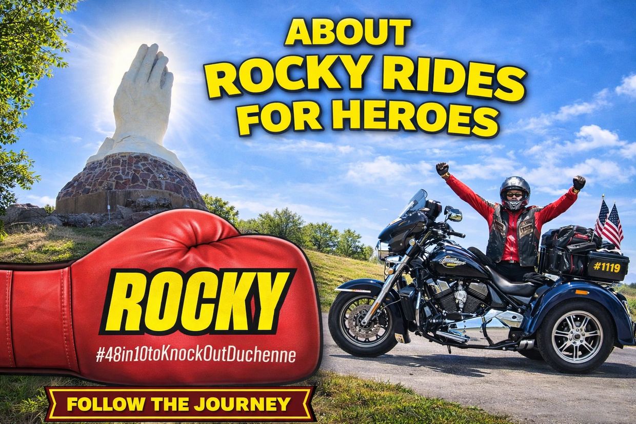 Motorcyclist celebrates journey against Duchenne with Rocky Rides for Heroes.