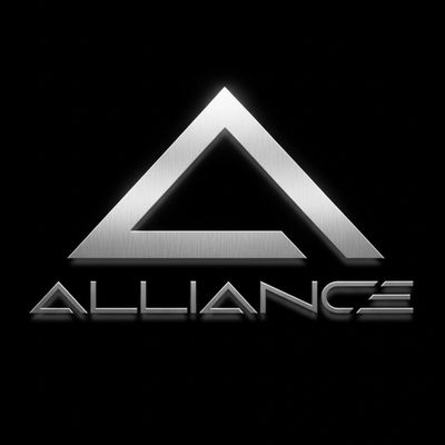 Metallic triangular logo with the word 'ALLIANCE' below it on a black background.