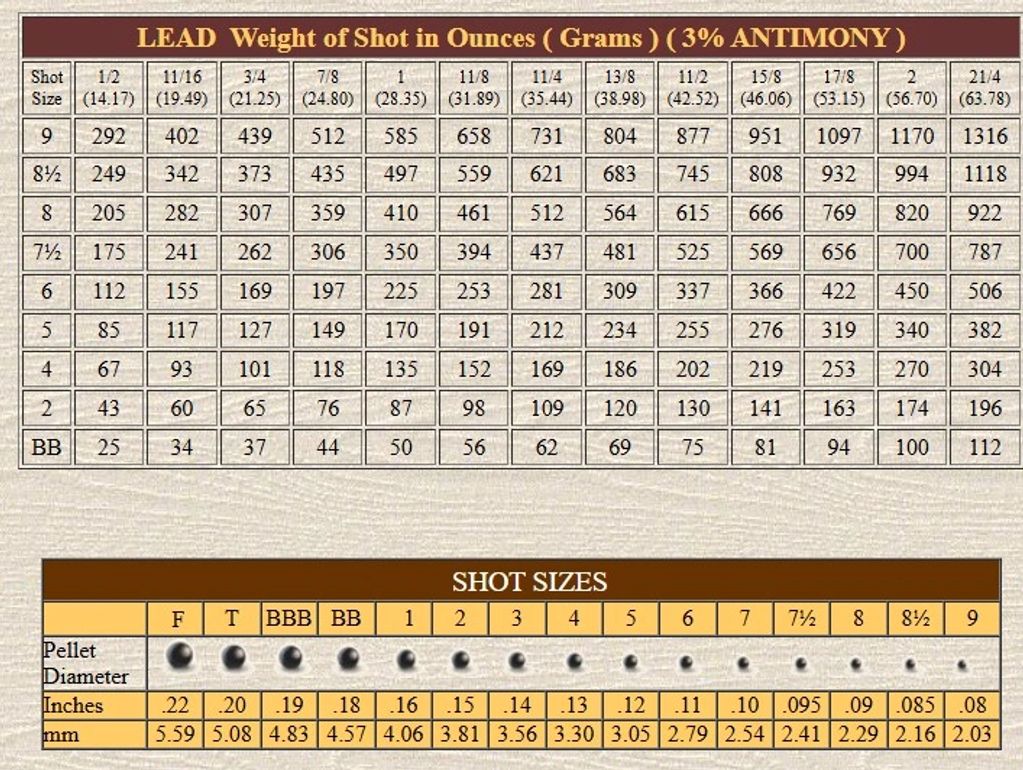 Table showing lead shot weights and pellet diameters for various shot sizes.
