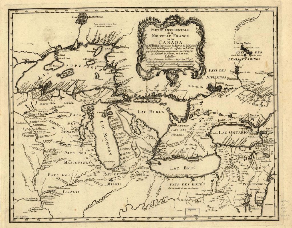 Antique map showing western part of New France with Great Lakes and native territories.