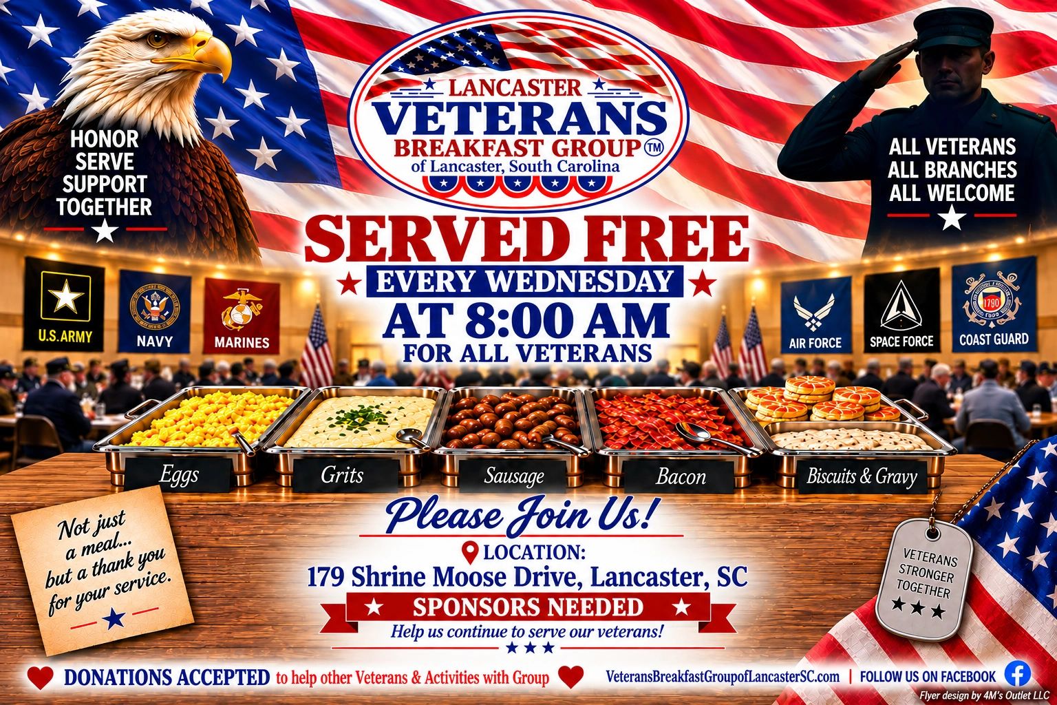 Veterans breakfast served free every Wednesday in Lancaster, SC.