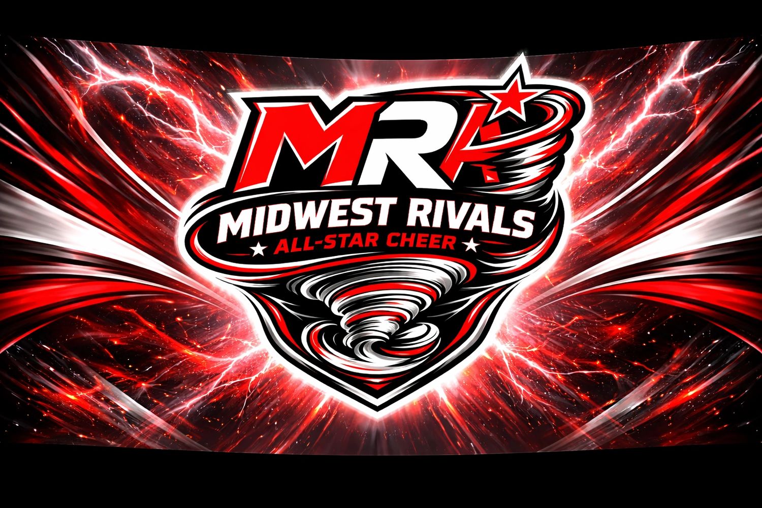 Dynamic Midwest Rivals All-Star Cheer logo with red and white lightning effects.