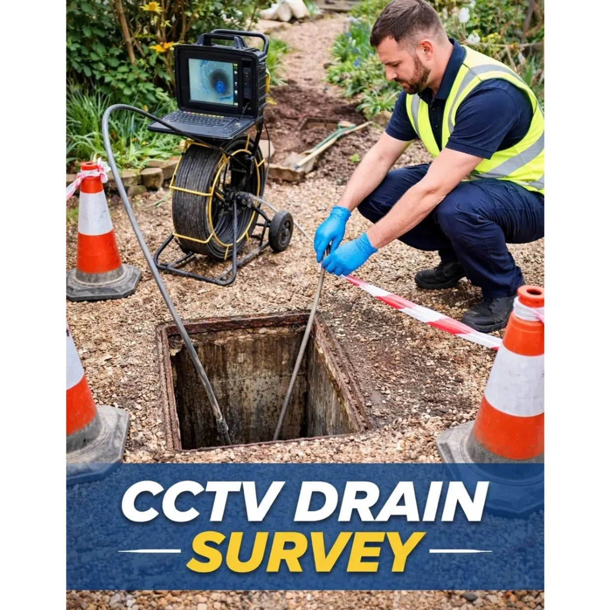Technician conducting a CCTV drain survey with inspection equipment.