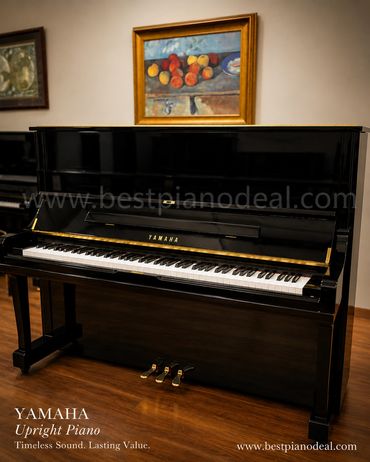Black Yamaha upright piano in a room with wooden floor.