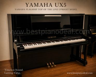 Yamaha UX5 upright piano in a showroom.