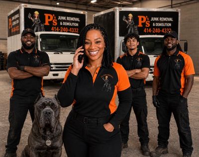 Four workers and a large dog in front of P's Junk Removal trucks.psjunkremovalwi.