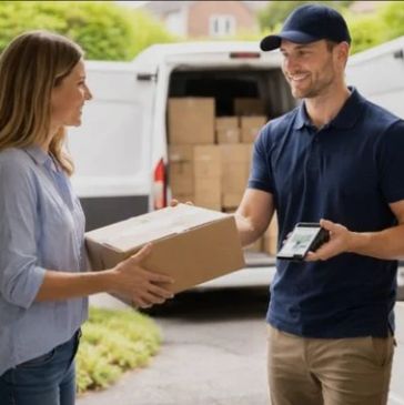 Delivery man handing package to woman at her door.