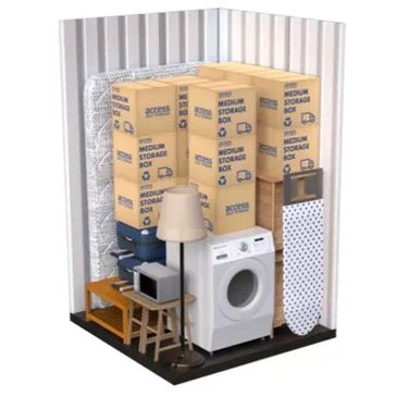 A storage unit packed with household items and boxes.