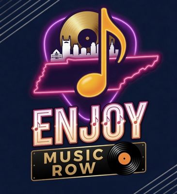 Neon sign with music note and city skyline saying 'Enjoy Music Row'.