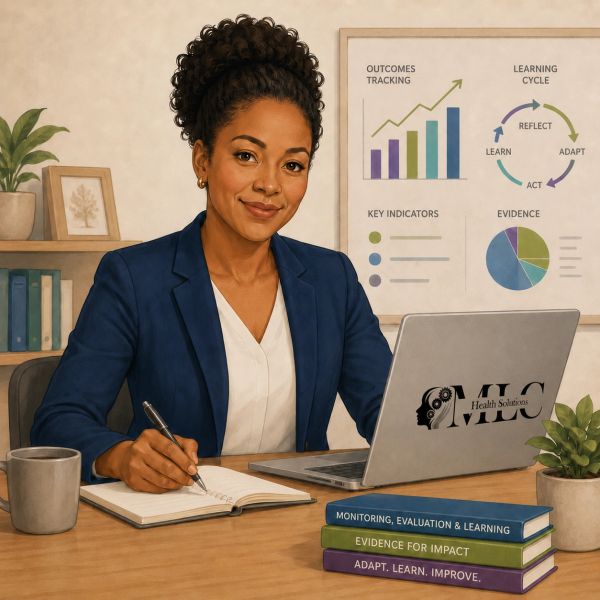 Professional woman working with a laptop and notes in an office.