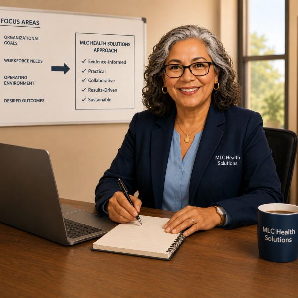 Professional woman at desk with MLC Health Solutions branding.