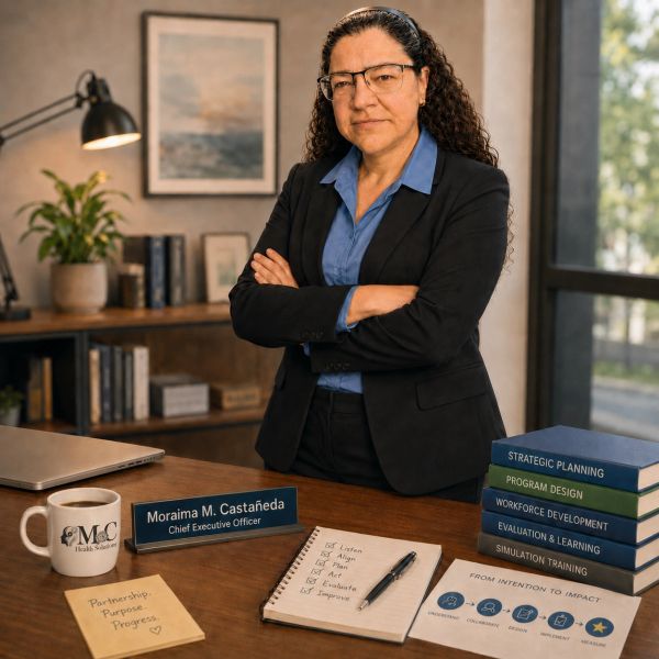 Confident CEO standing in office with business materials.