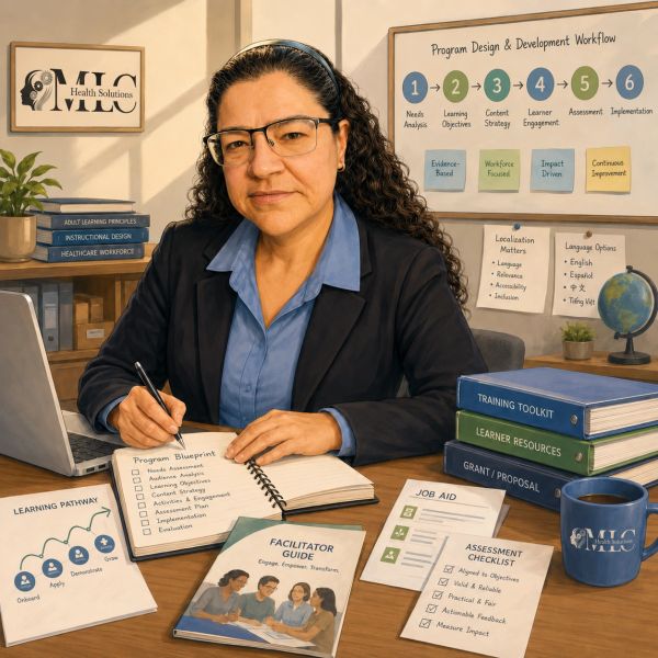 Woman sitting at a desk with educational materials and a laptop.