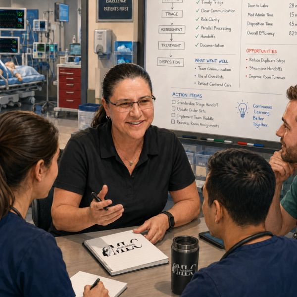 Medical team discussing simulation debrief in a hospital setting.