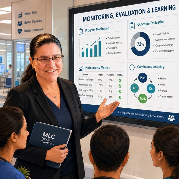 Healthcare professional presenting monitoring and evaluation data to colleagues.