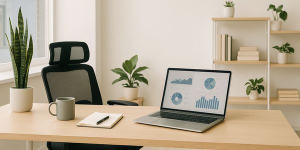 Modern office desk setup with laptop showing e-commerce analytics dashboards, representing ESN Comme