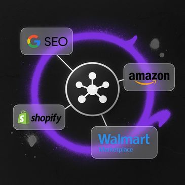 ESN Commerce hub graphic linking Shopify, Amazon, Walmart, and SEO with purple graffiti accents.