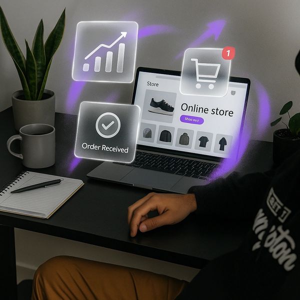 e-commerce storefront dashboard, office scene tied to Shopify, Amazon, SEO, and fulfillment strategy