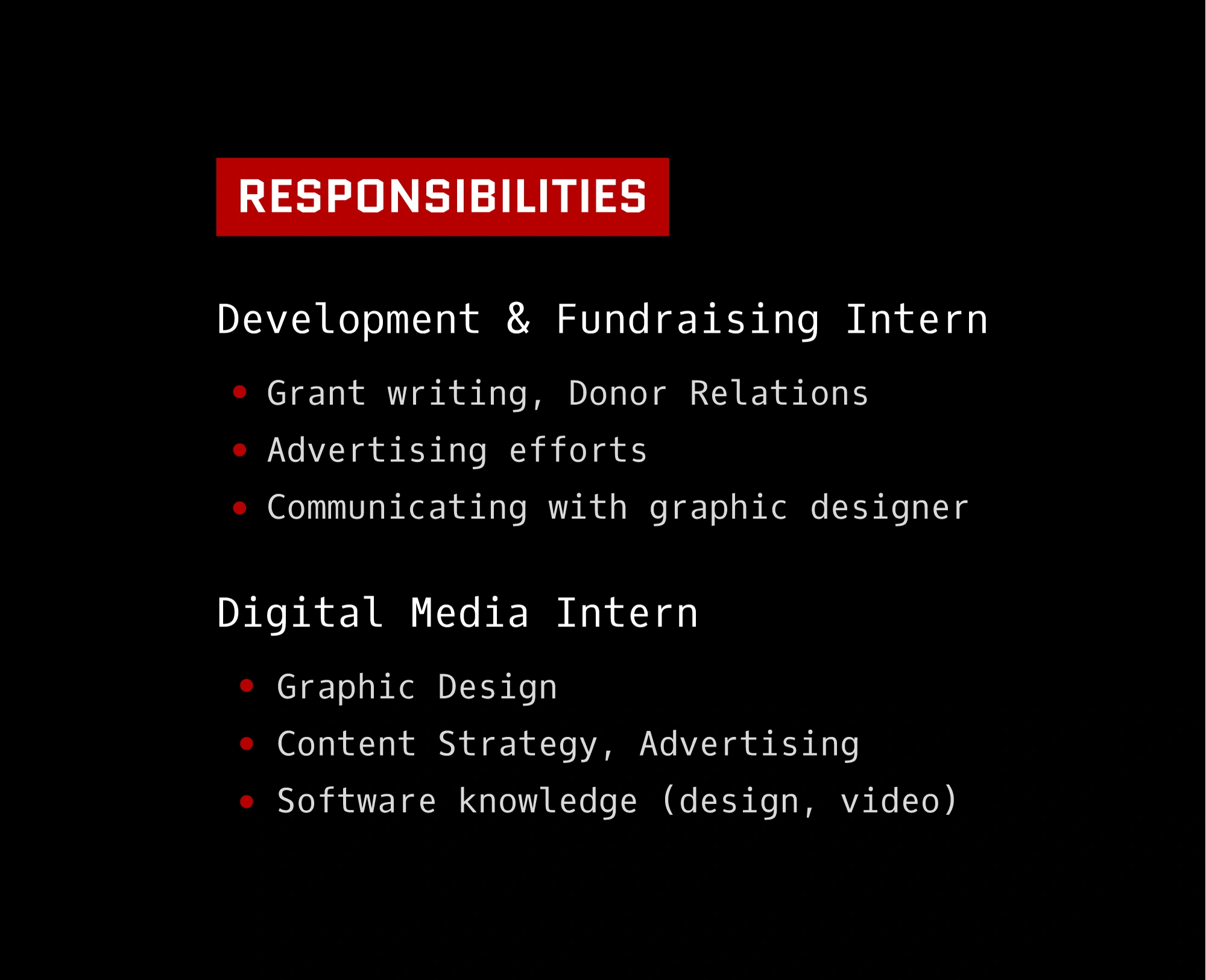 A graphic sharing the responsibilities of a development intern and a digital media intern.