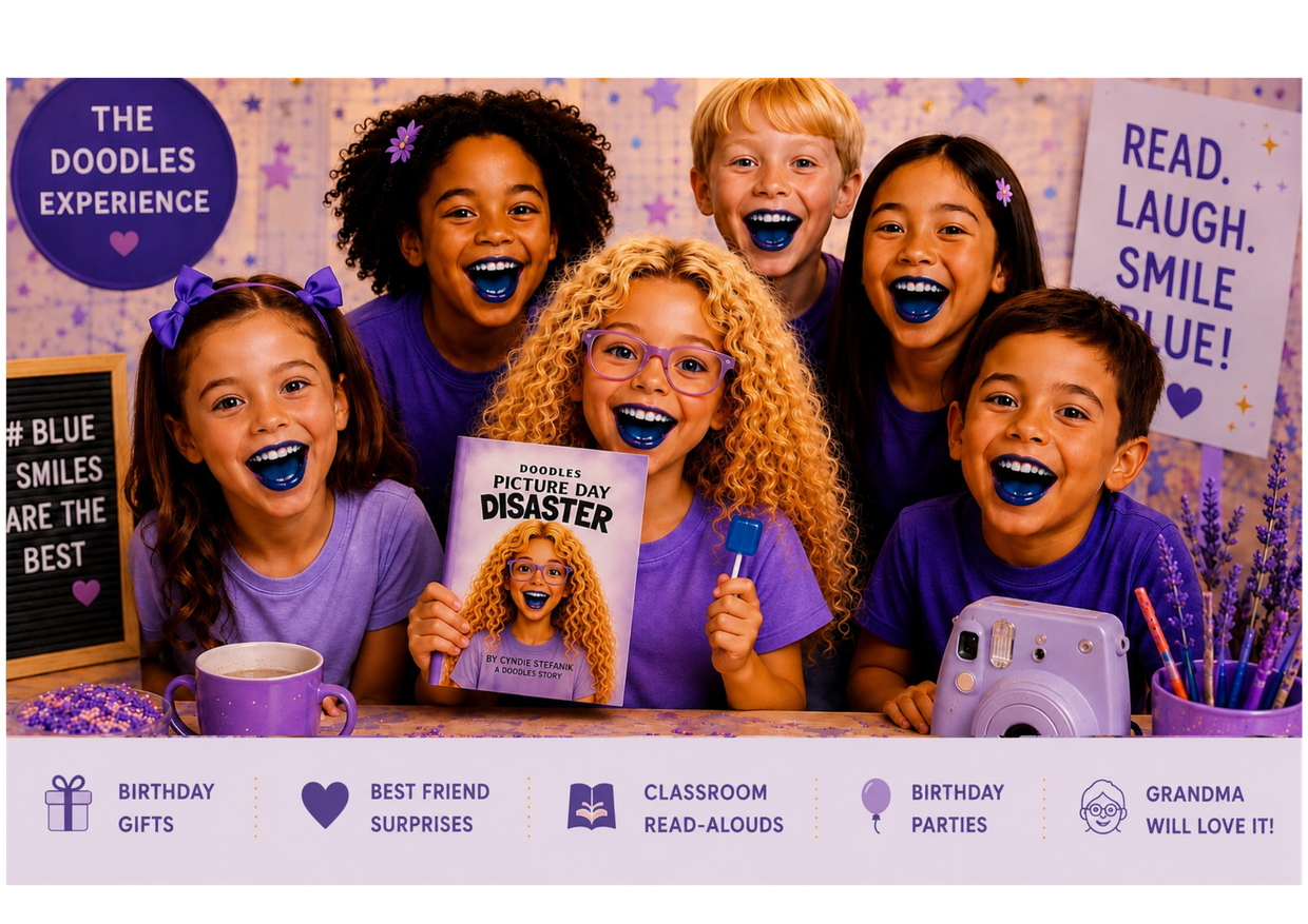 Happy kids with blue smiles promoting The Doodles Picture Day Disaster Experience.