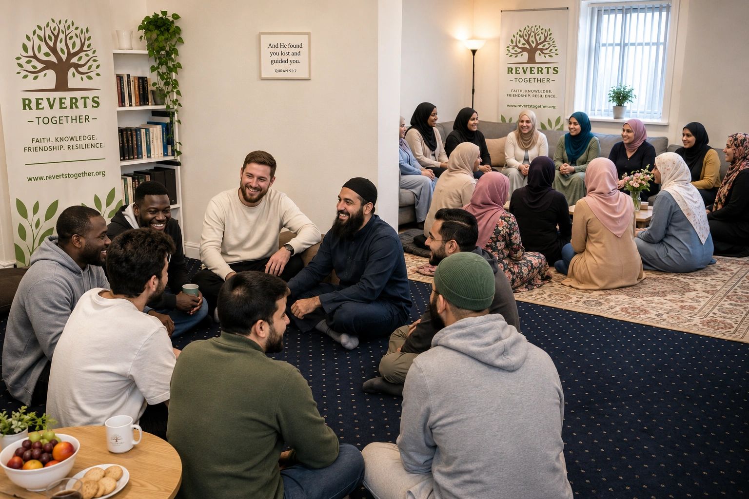 People gather in two groups for a community meeting at Reverts Together, learning about Islam and enjoying creating bonds of friendship
