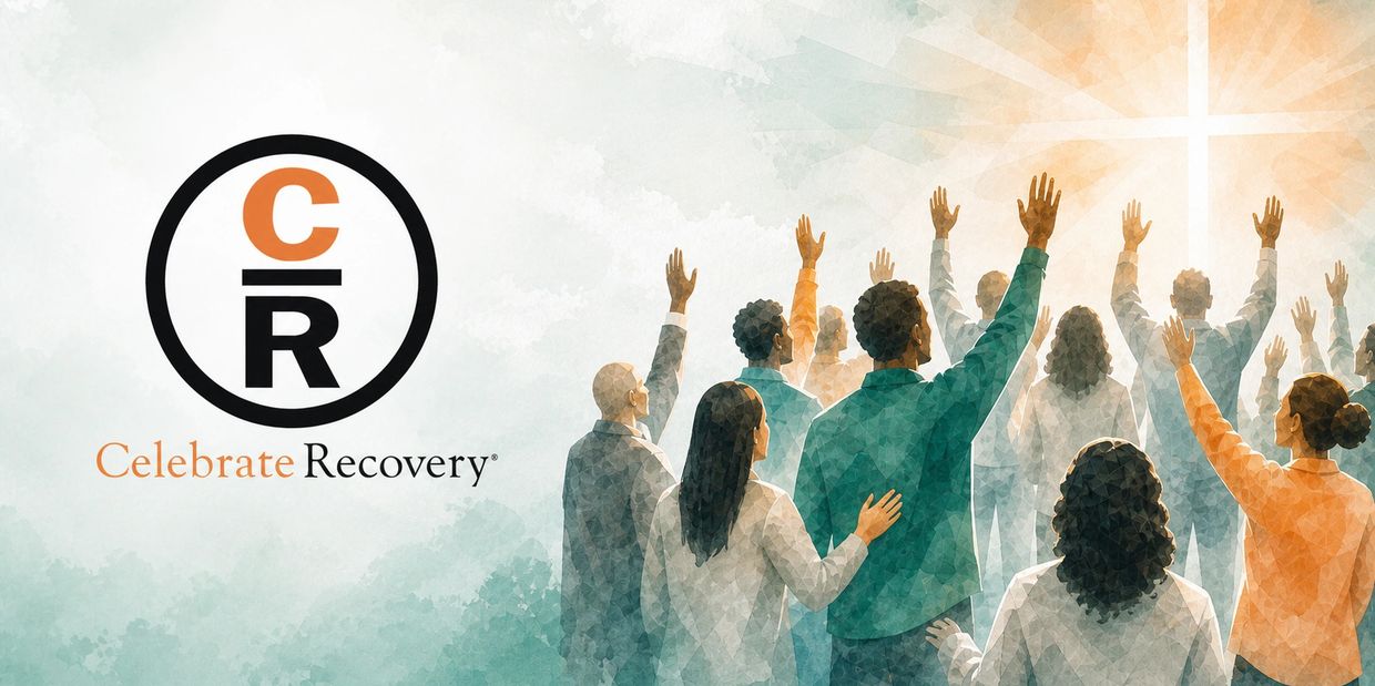 Group worshipping with Celebrate Recovery logo.