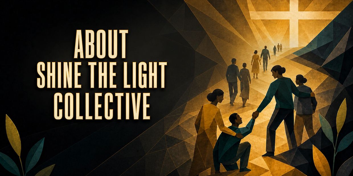 Abstract artwork showing people walking towards a bright cross.