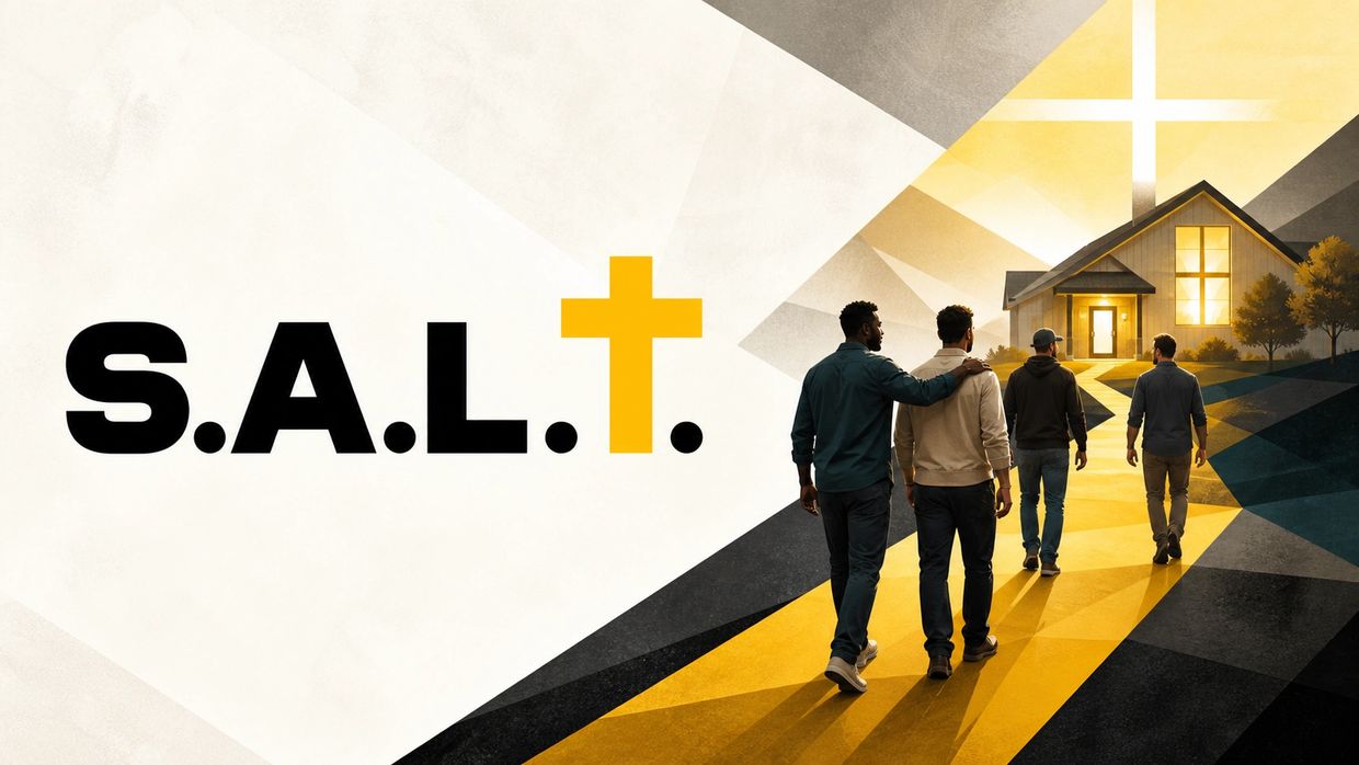 Four men walking towards a church with a cross, next to the text S.A.L.T.
