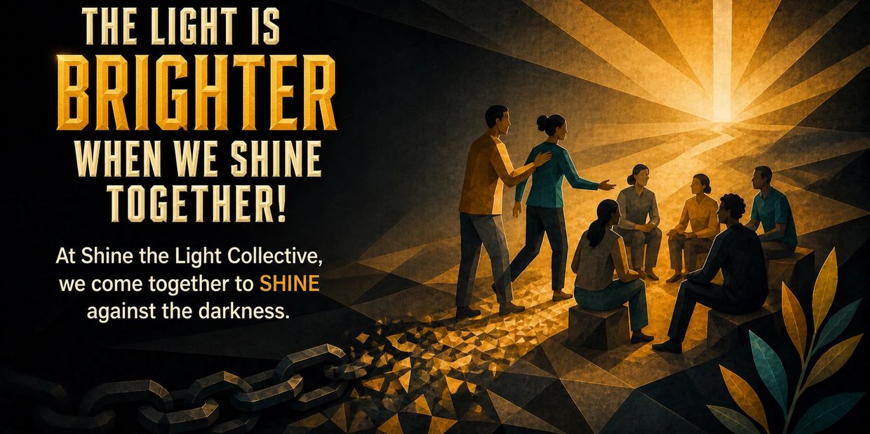 Group shining light together to break darkness and chains.