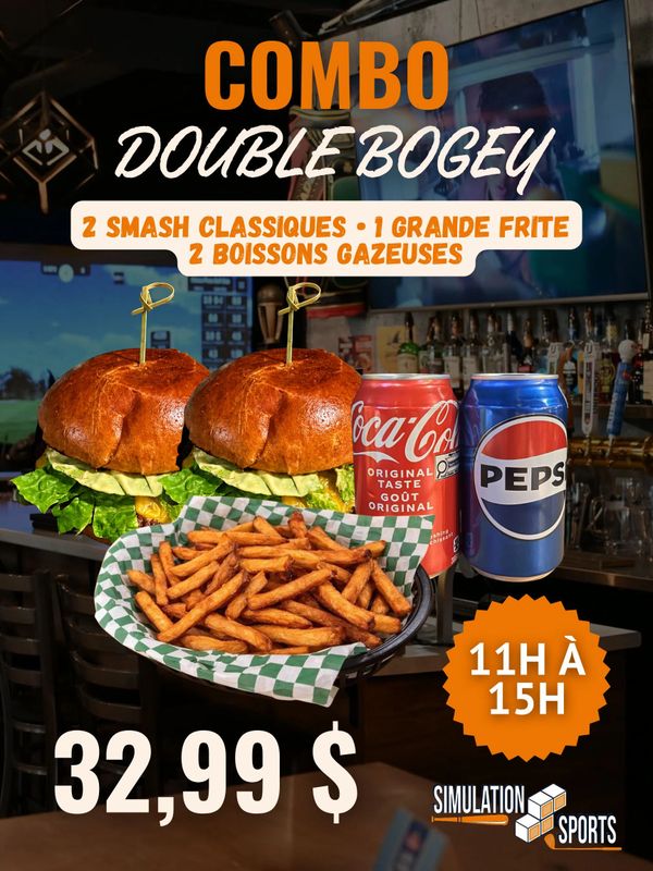 Combo meal with two burgers, fries, two sodas for $32.99 at Simulation Sports.