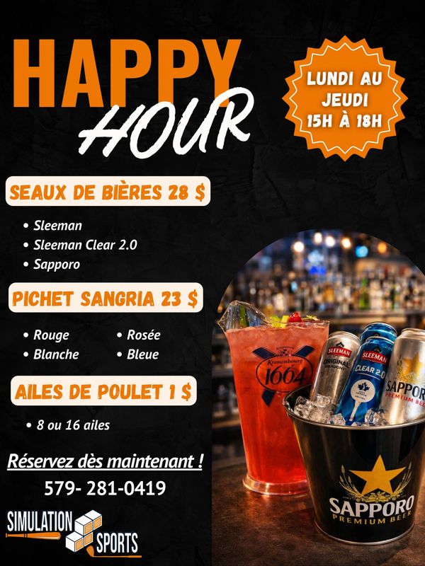 Happy Hour deals on beer buckets, sangria pitchers, and chicken wings from Monday to Thursday 3-6 PM.